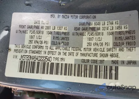 2010 Mazda Cx-9 Touring from USA, damaged, VIN JM3TB3MA5A0222540